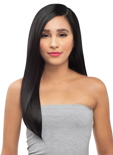 Woman with long black hair wearing a strapless gray top on a white background